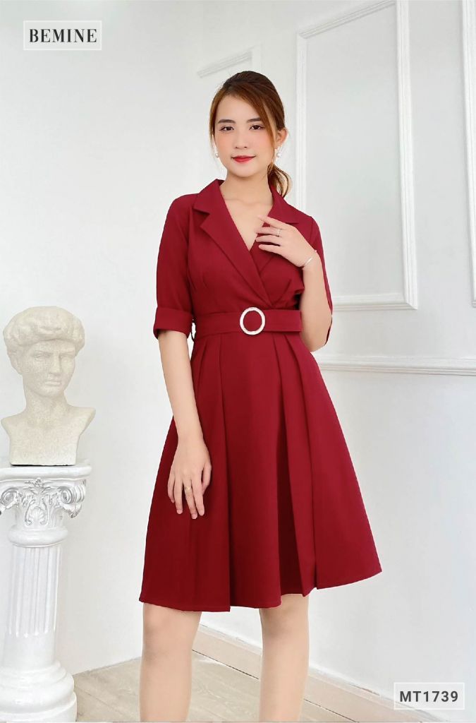 MT1739DO - Đầm cổ vest tay xếp ly xòe
