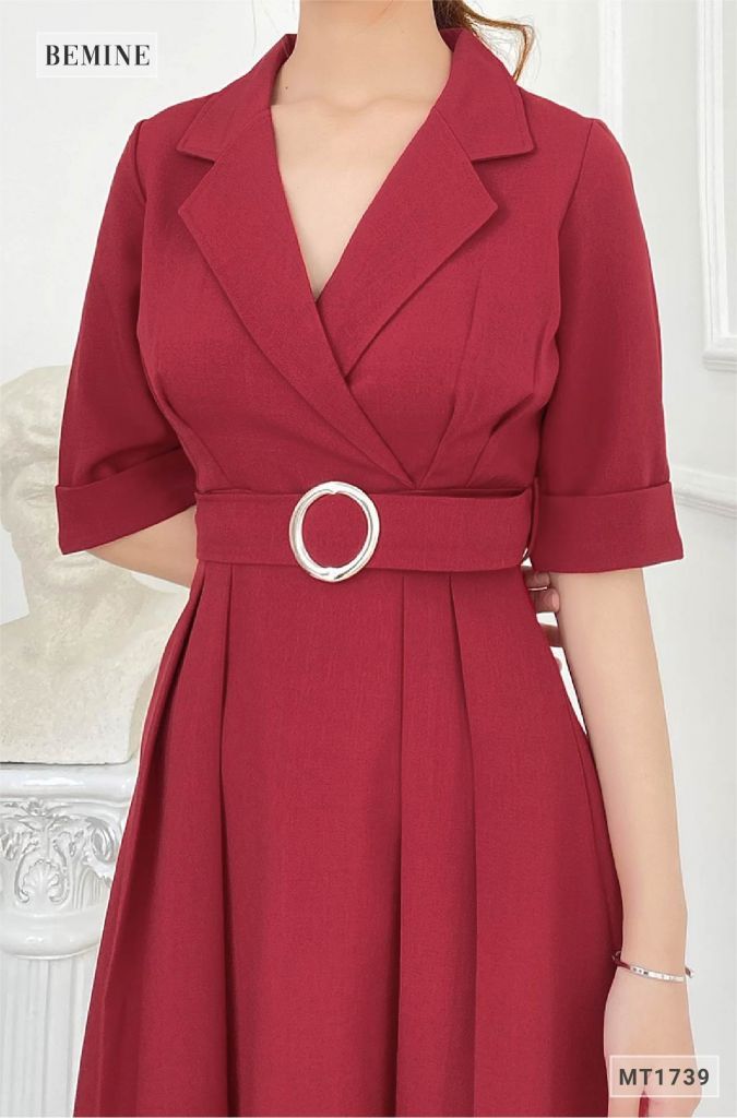 MT1739DO - Đầm cổ vest tay xếp ly xòe