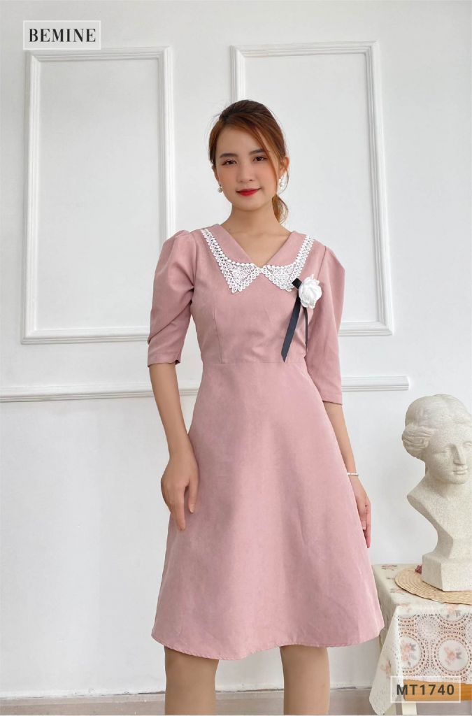MT1740HONG - Đầm lay lỡ nơ cổ đính hoa