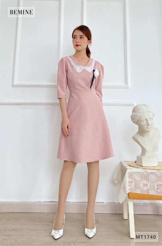 MT1740HONG - Đầm lay lỡ nơ cổ đính hoa