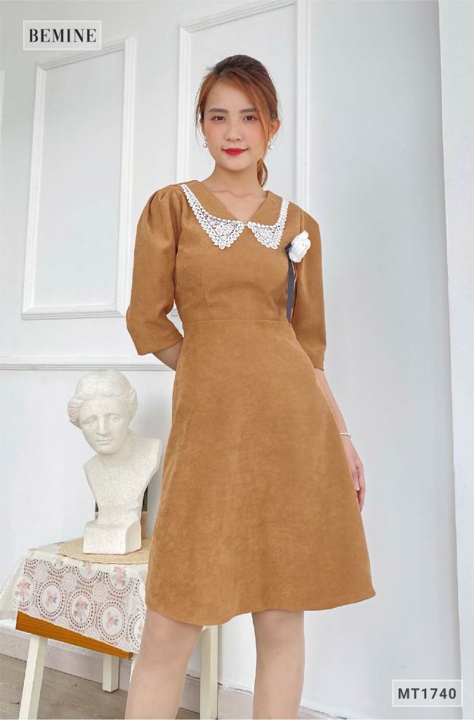 MT1740NAU - Đầm lay lỡ nơ cổ đính hoa