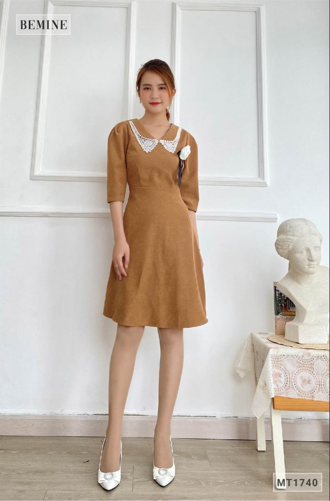 MT1740NAU - Đầm lay lỡ nơ cổ đính hoa