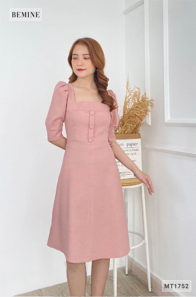 MT1752HONG - Đầm cổ U tay bồng