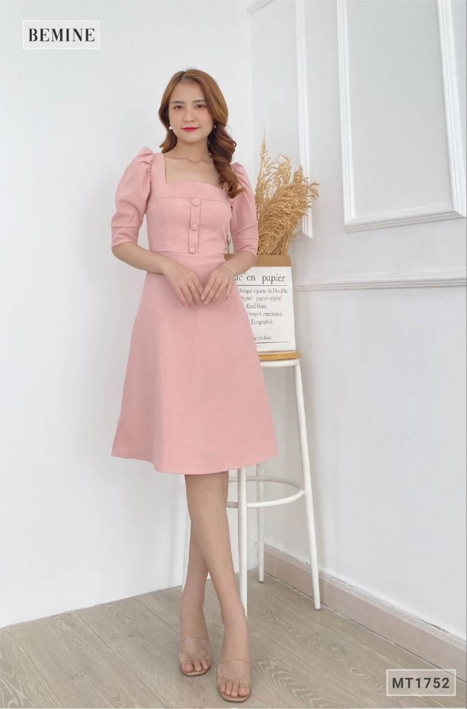 MT1752HONG - Đầm cổ U tay bồng