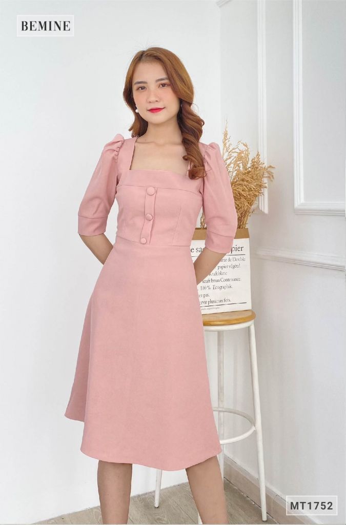 MT1752HONG - Đầm cổ U tay bồng