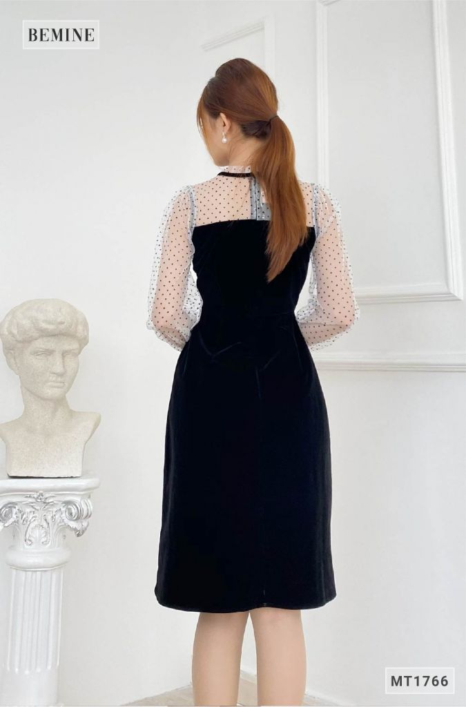 MT1766ĐEN - Đầm nhung phối lưới chấm bi