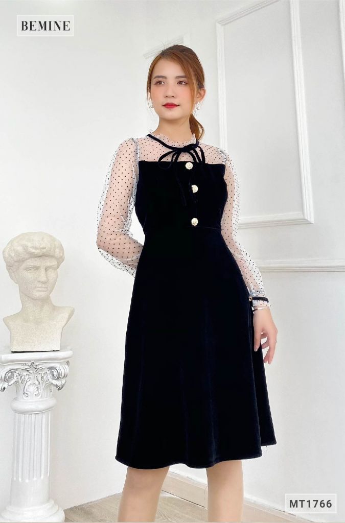 MT1766ĐEN - Đầm nhung phối lưới chấm bi