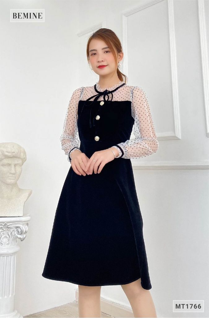 MT1766ĐEN - Đầm nhung phối lưới chấm bi