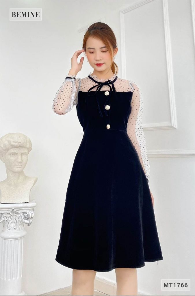 MT1766ĐEN - Đầm nhung phối lưới chấm bi