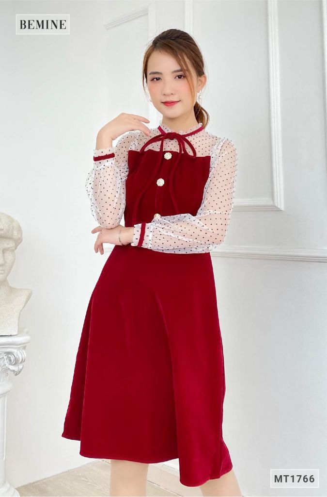 MT1766ĐÔ - Đầm nhung phối lưới chấm bi