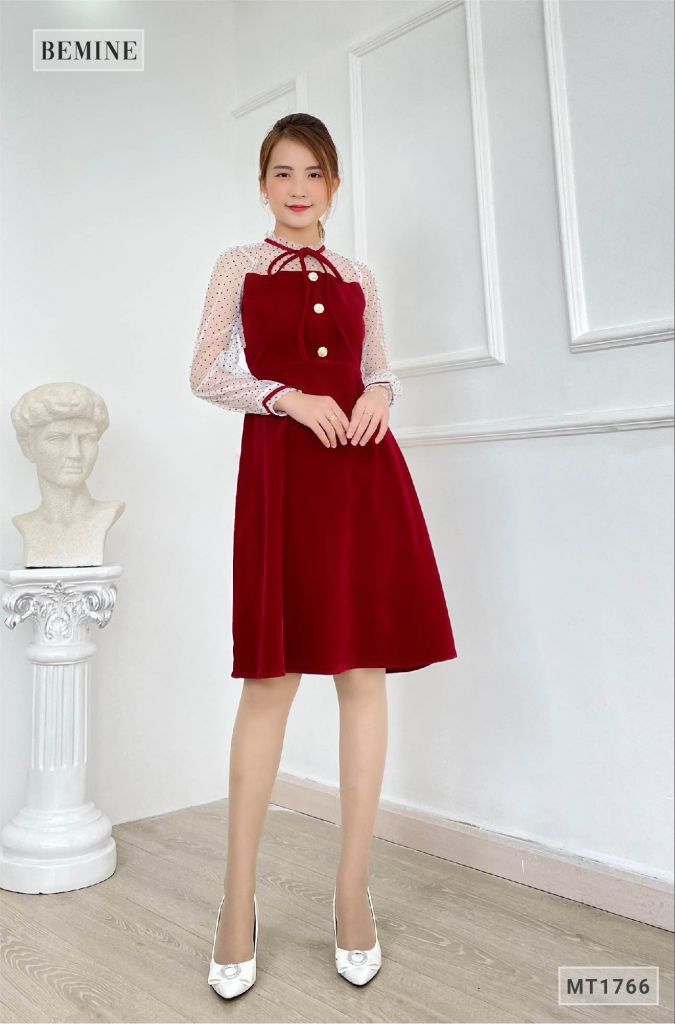 MT1766ĐÔ - Đầm nhung phối lưới chấm bi