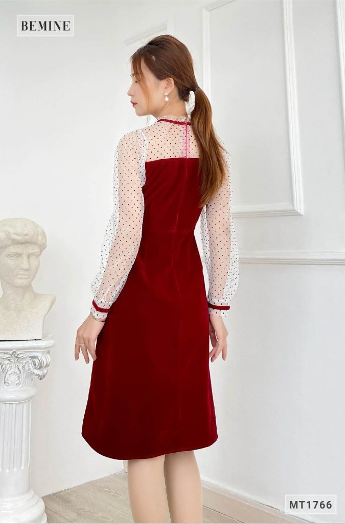 MT1766ĐÔ - Đầm nhung phối lưới chấm bi
