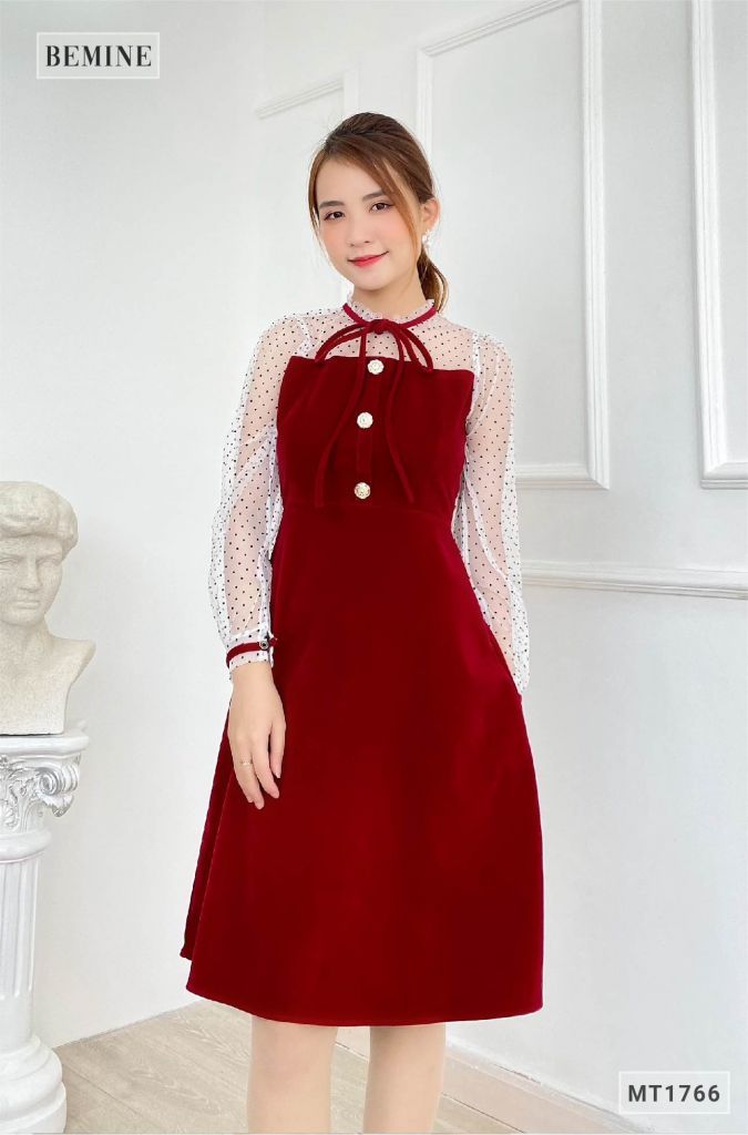 MT1766ĐÔ - Đầm nhung phối lưới chấm bi