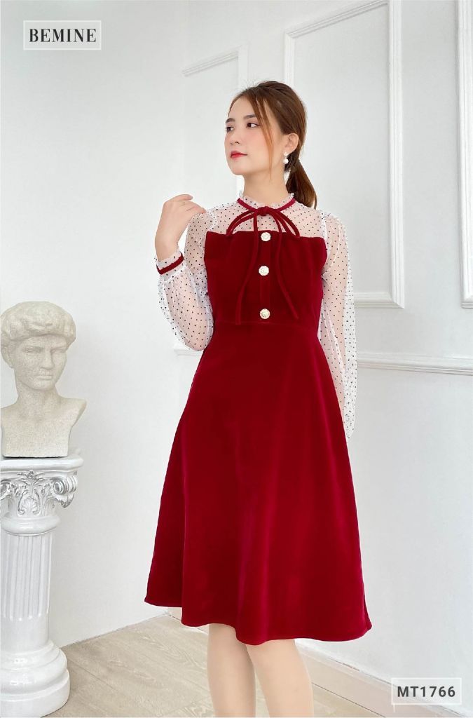 MT1766ĐÔ - Đầm nhung phối lưới chấm bi