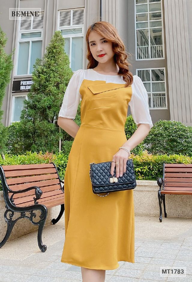 MT1783VANG - Đầm cúp ngực phối voan