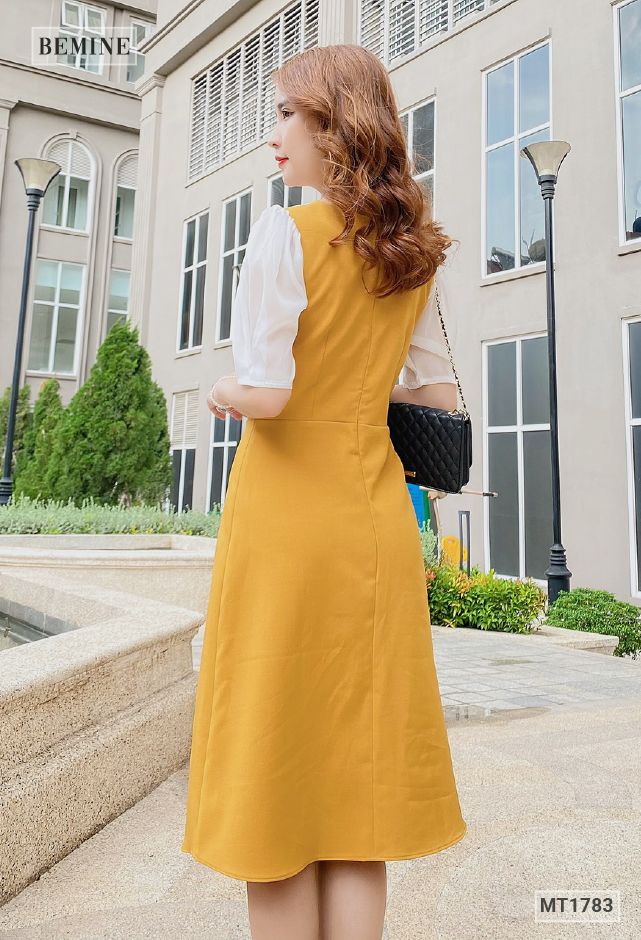 MT1783VANG - Đầm cúp ngực phối voan