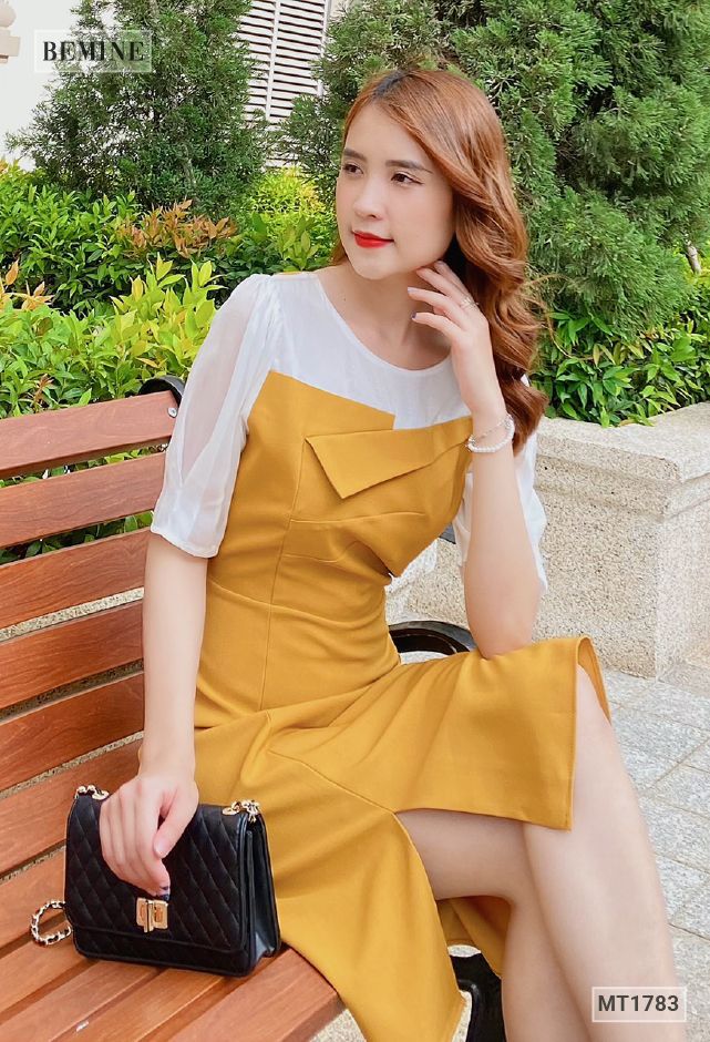 MT1783VANG - Đầm cúp ngực phối voan