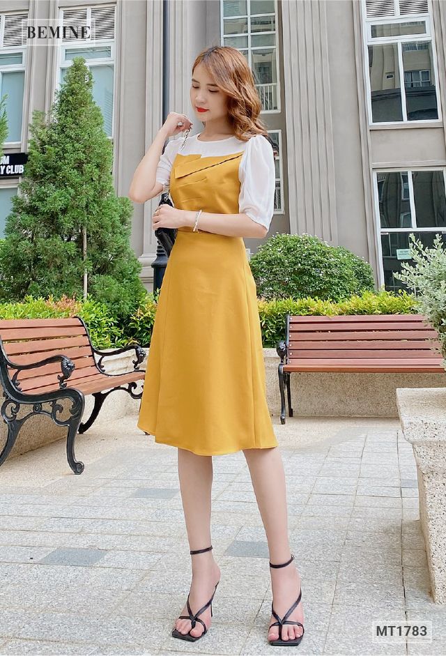 MT1783VANG - Đầm cúp ngực phối voan