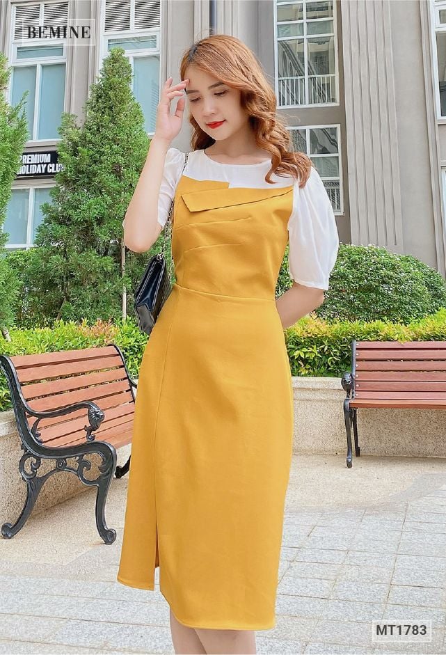 MT1783VANG - Đầm cúp ngực phối voan