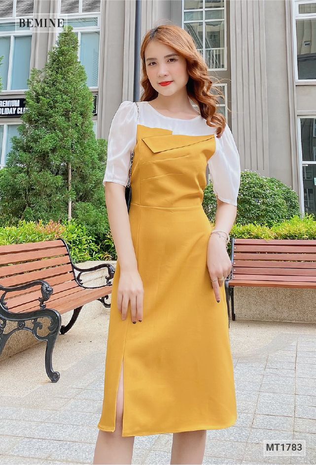 MT1783VANG - Đầm cúp ngực phối voan