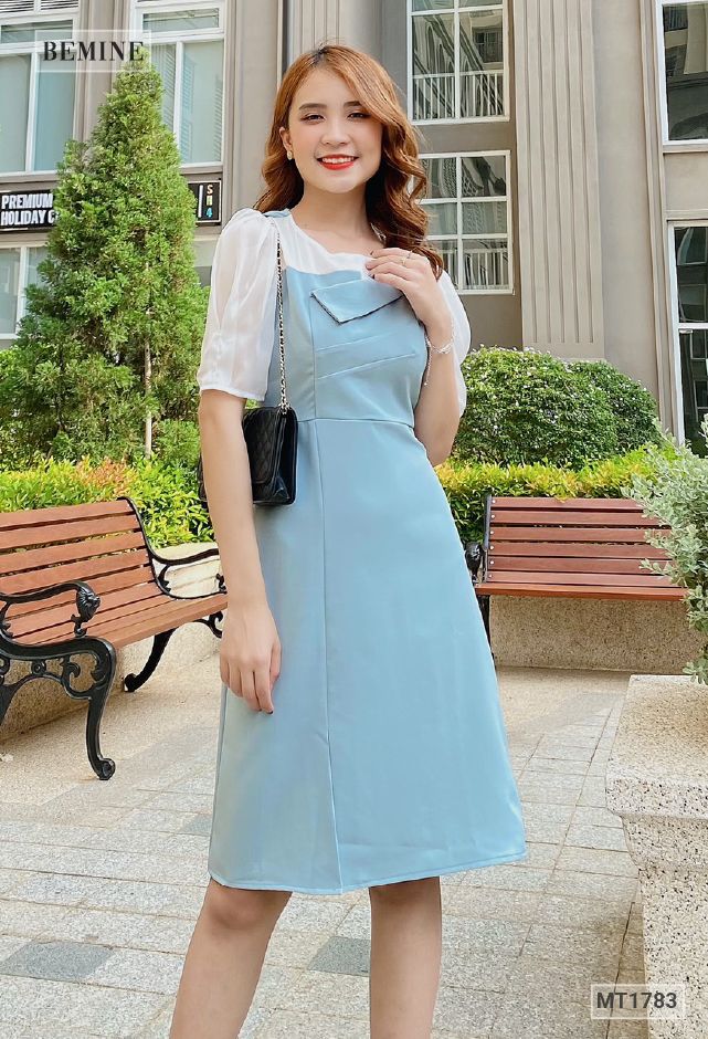 MT1783XANH - Đầm cúp ngực phối voan