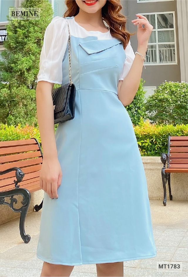 MT1783XANH - Đầm cúp ngực phối voan