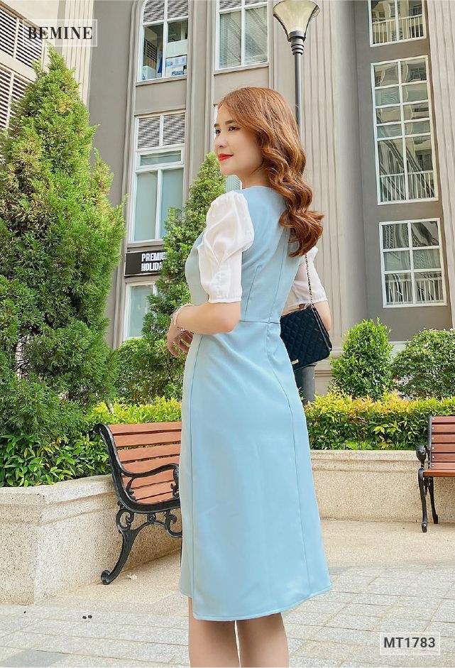 MT1783XANH - Đầm cúp ngực phối voan