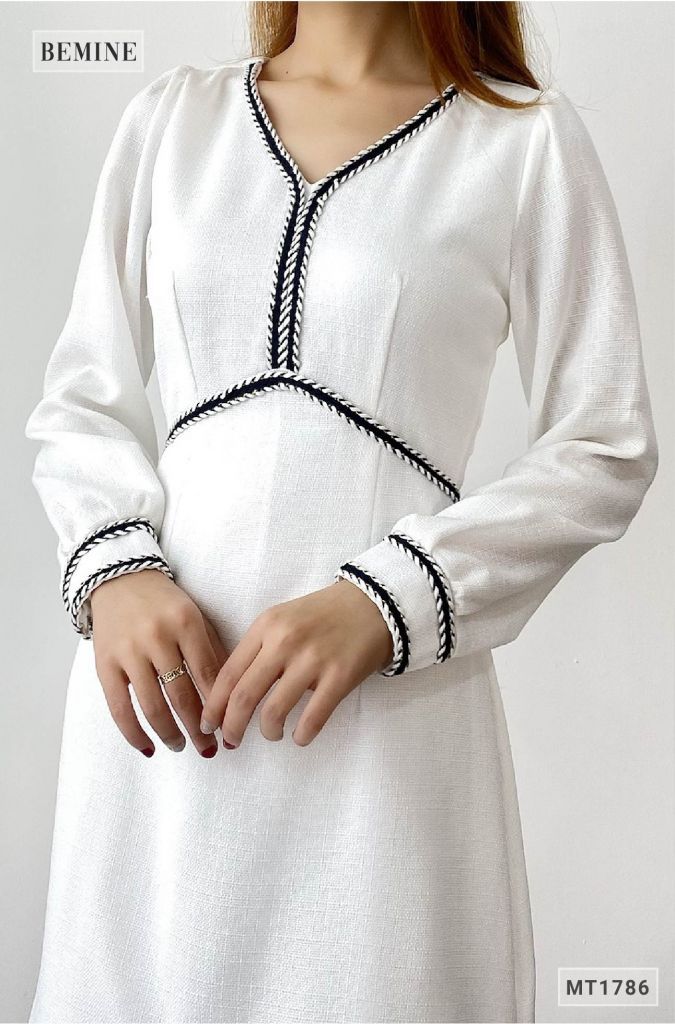 MT1786TRANG - Đầm suông phối viền tay dài