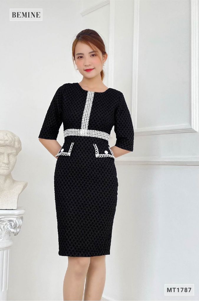 MT1787DEN - Đầm tapta body túi đắp