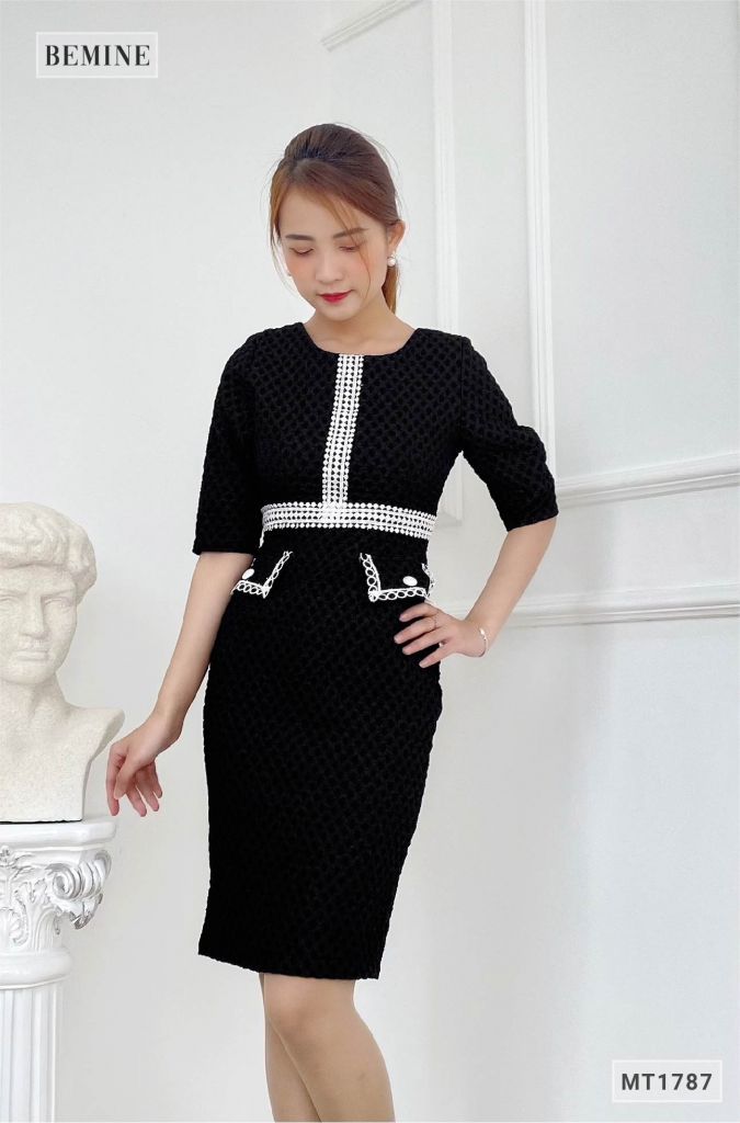 MT1787DEN - Đầm tapta body túi đắp