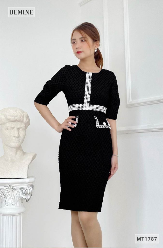 MT1787DEN - Đầm tapta body túi đắp