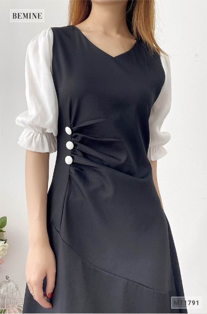 MT1791DEN - Đầm cổ tim tay phối nút hông