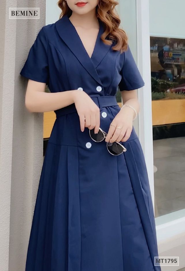 MT1795XANH - Đầm giả vest xếp ly đai rời