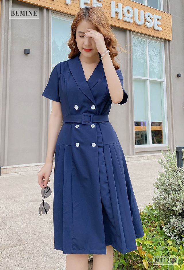 MT1795XANH - Đầm giả vest xếp ly đai rời
