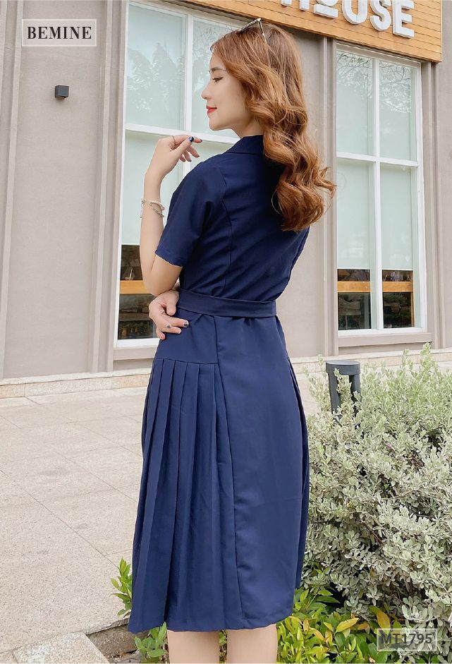 MT1795XANH - Đầm giả vest xếp ly đai rời