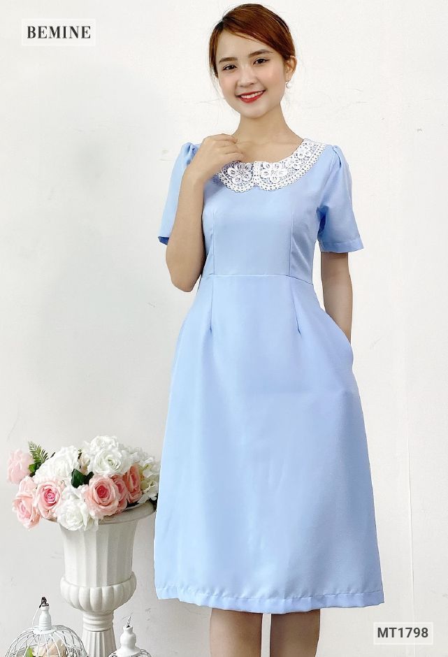 MT1798XANH - Đầm xòe cổ phối ren
