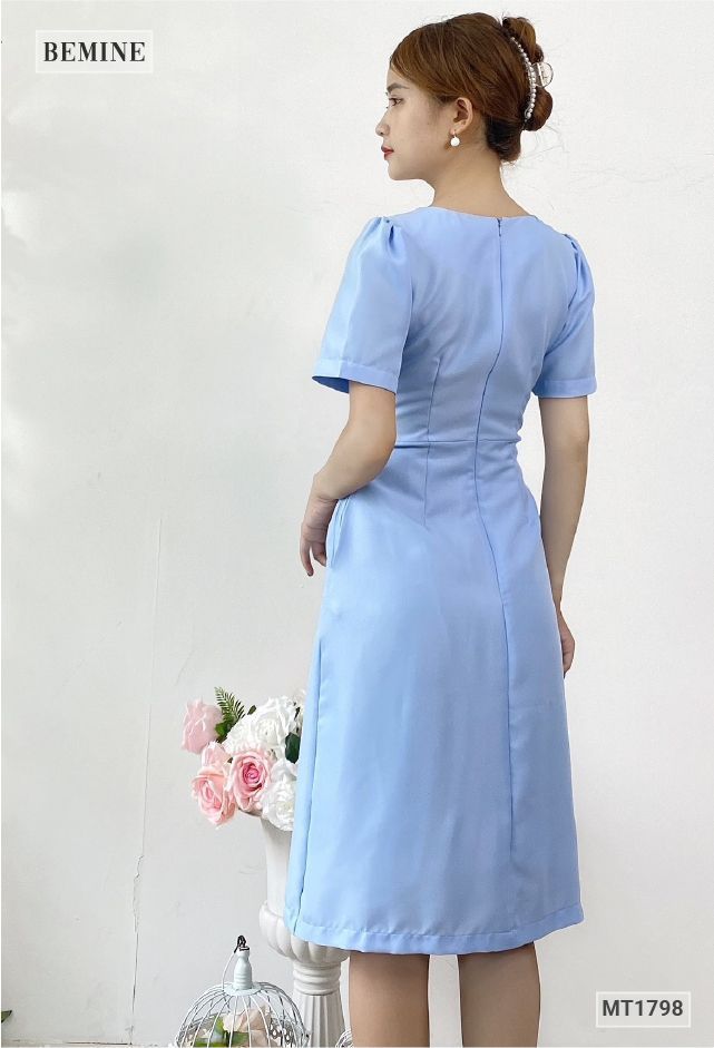 MT1798XANH - Đầm xòe cổ phối ren