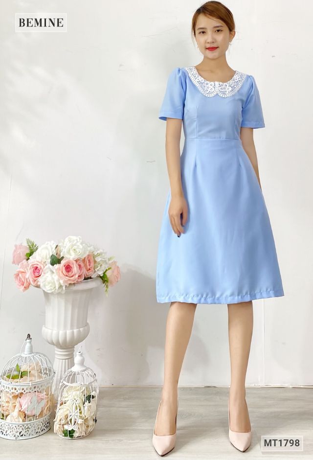 MT1798XANH - Đầm xòe cổ phối ren