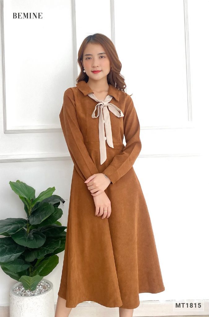 MT1815NAU - Đầm tay dài phối cổ sơ mi cột nơ