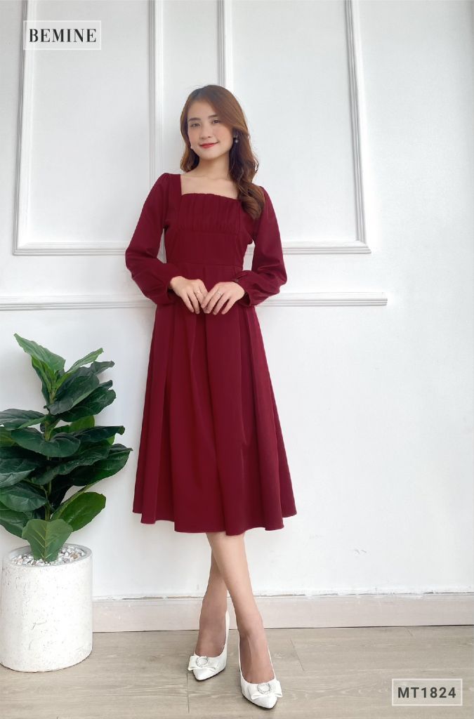 MT1824DO - Đầm tay dài nhún ngực