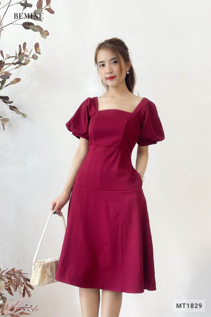 MT1829DO - Đầm cúp ngực tay phồng