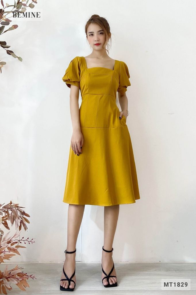 MT1829VANG - Đầm cúp ngực tay phồng