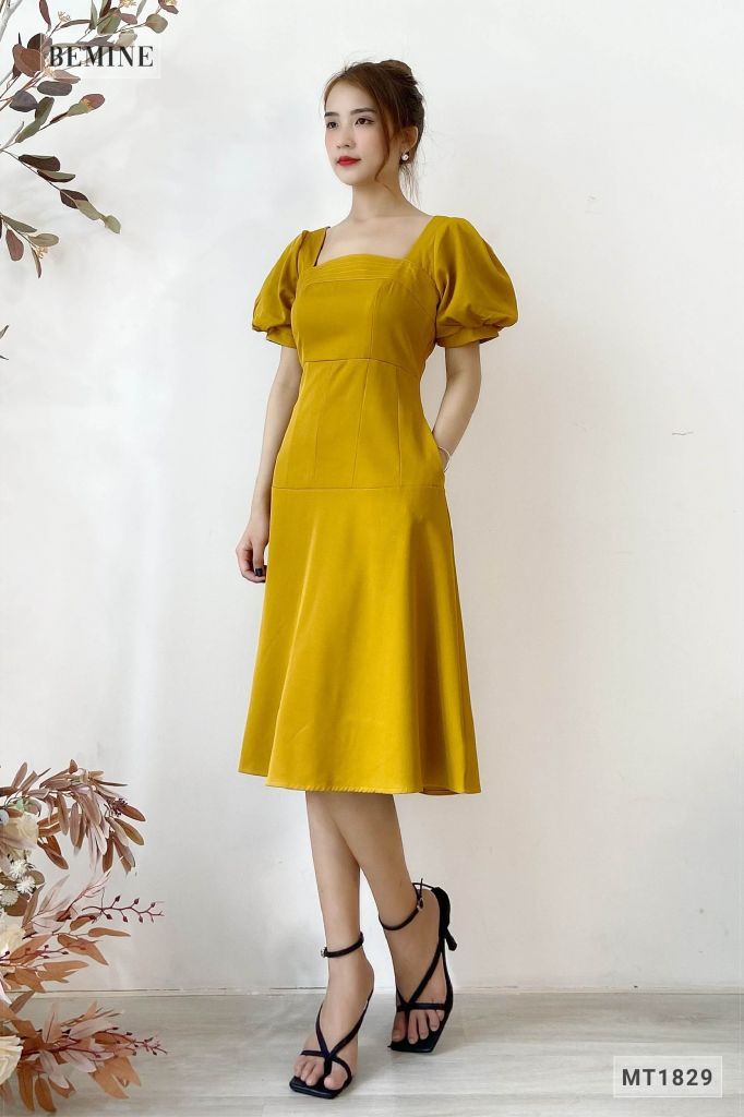 MT1829VANG - Đầm cúp ngực tay phồng