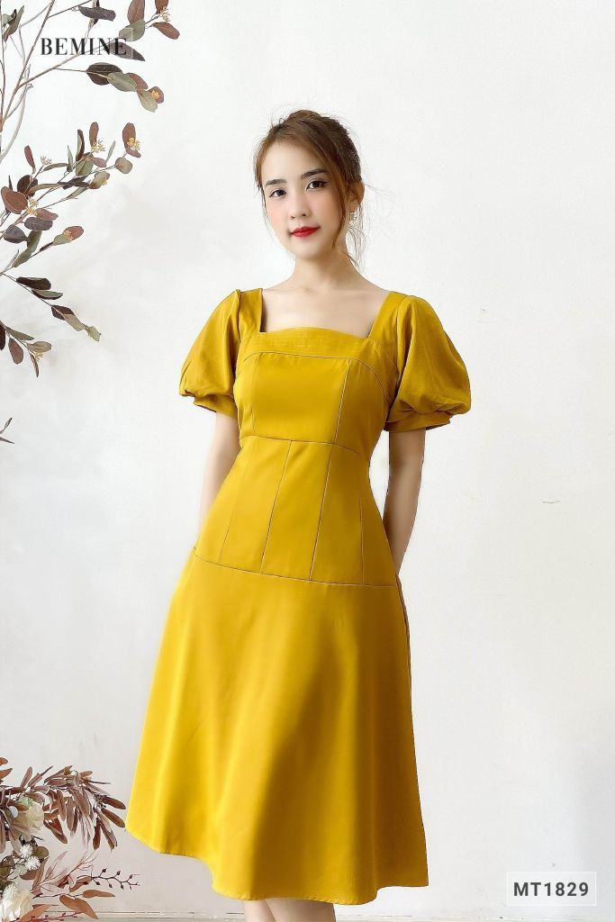 MT1829VANG - Đầm cúp ngực tay phồng
