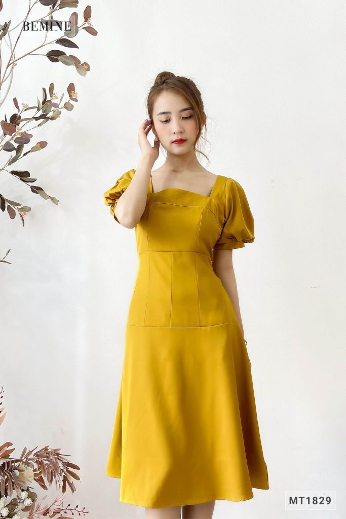 MT1829VANG - Đầm cúp ngực tay phồng