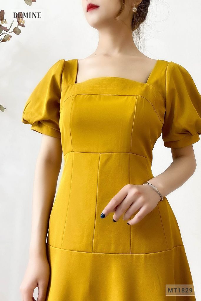 MT1829VANG - Đầm cúp ngực tay phồng