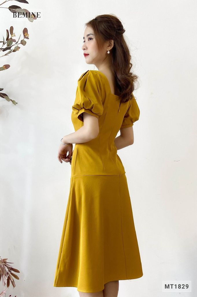 MT1829VANG - Đầm cúp ngực tay phồng