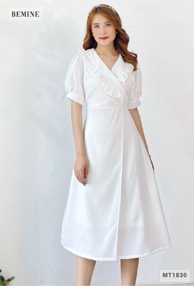 MT1830TRANG - Đầm tay bồng cổ bèo đắp chéo