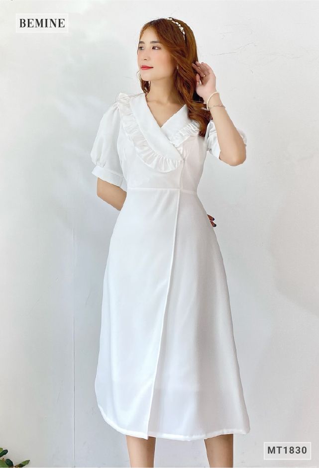 MT1830TRANG - Đầm tay bồng cổ bèo đắp chéo