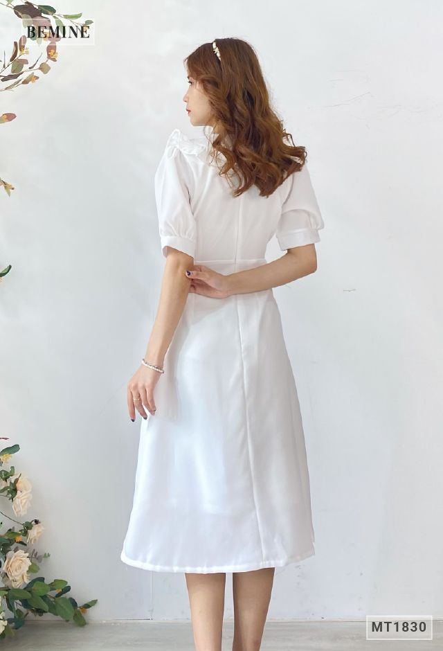 MT1830TRANG - Đầm tay bồng cổ bèo đắp chéo